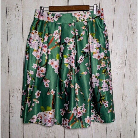 Choies Dresses & Skirts - Floral Satin Pleated Skirt Green Pink Cherry Blossom Midi Size XL Cottagecore